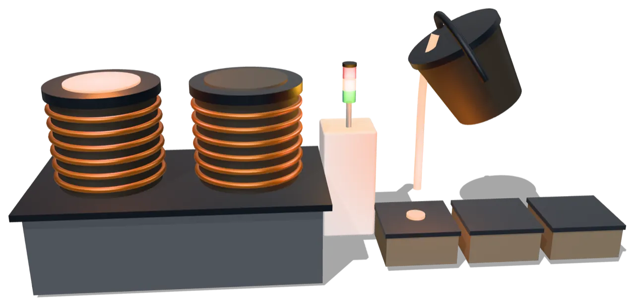 Two induction furnaces, a stack light and a ladle pouring into a row of moulds.