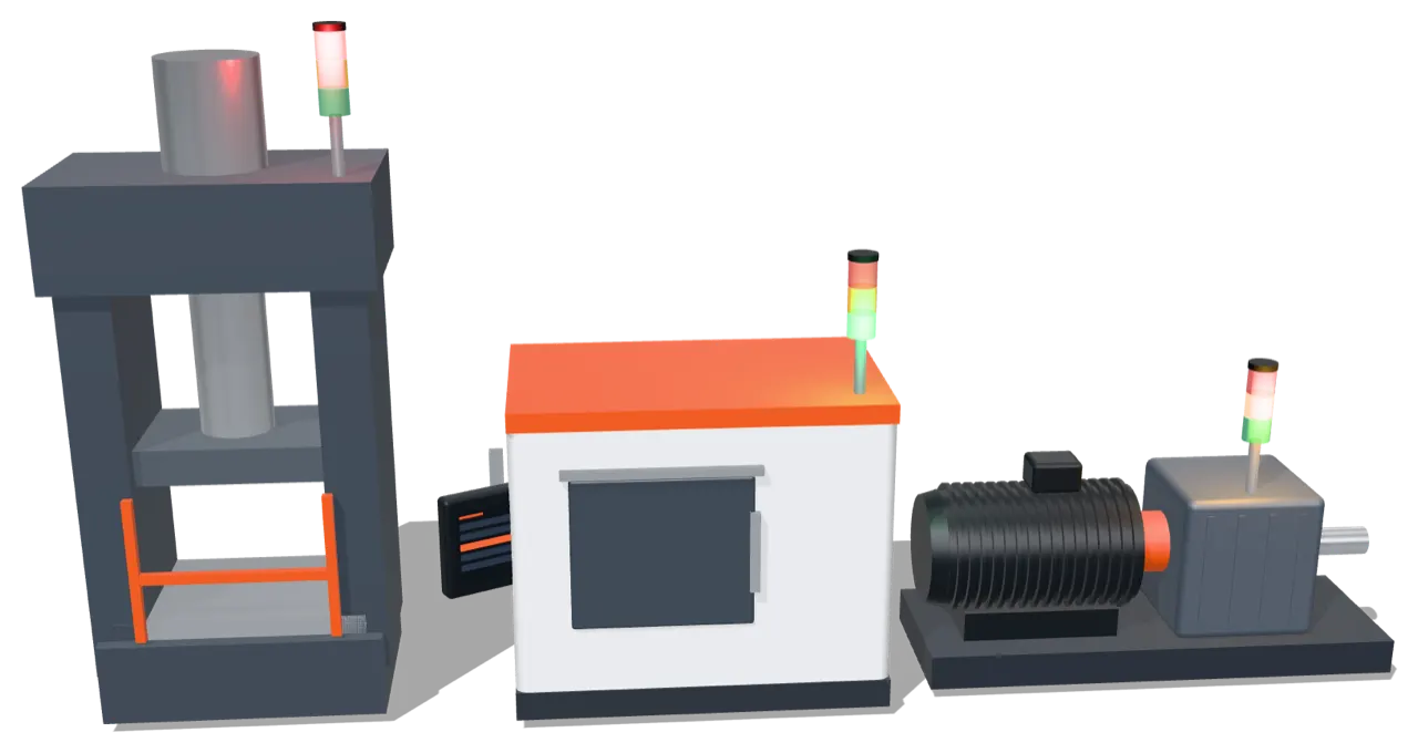 A production line: a hydraulic press, a furnace and a geared motor drive, each with a stack light.