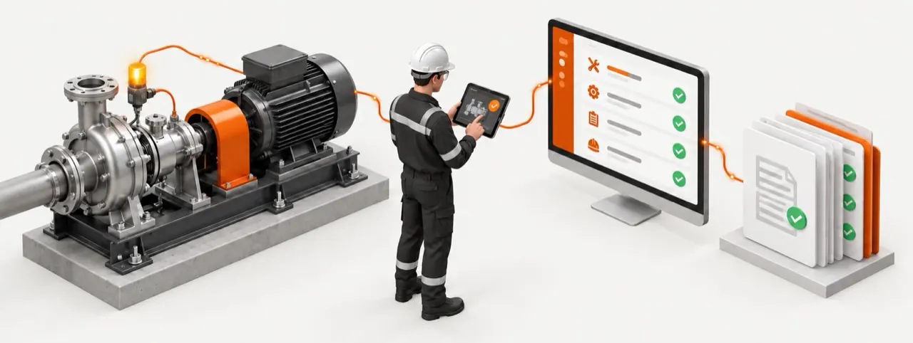 A technician with a tablet between a pump, a work order screen and a stack of evidence documents.