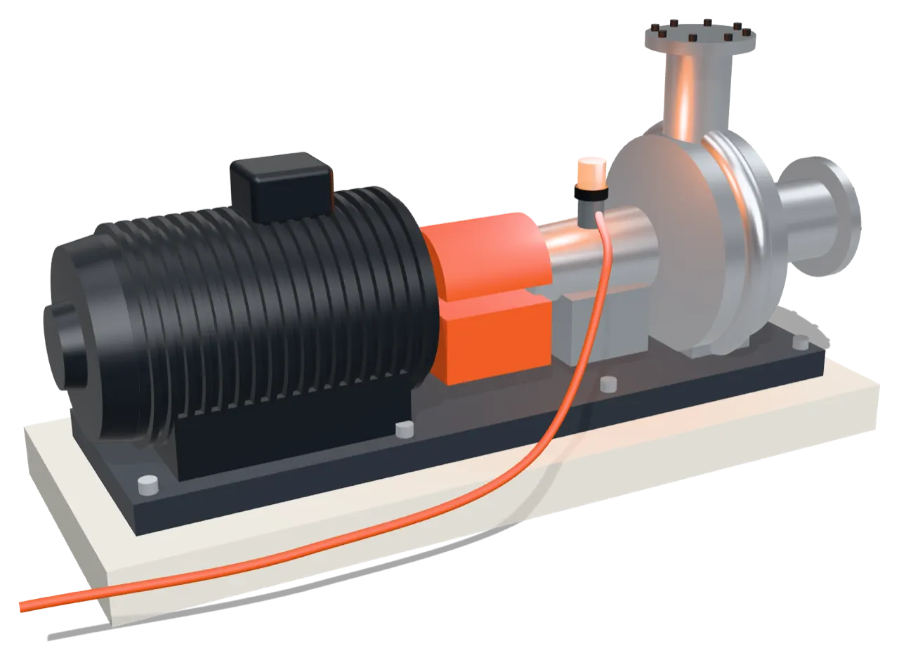 Pump and motor on a skid, with a vibration sensor fitted to the bearing housing.